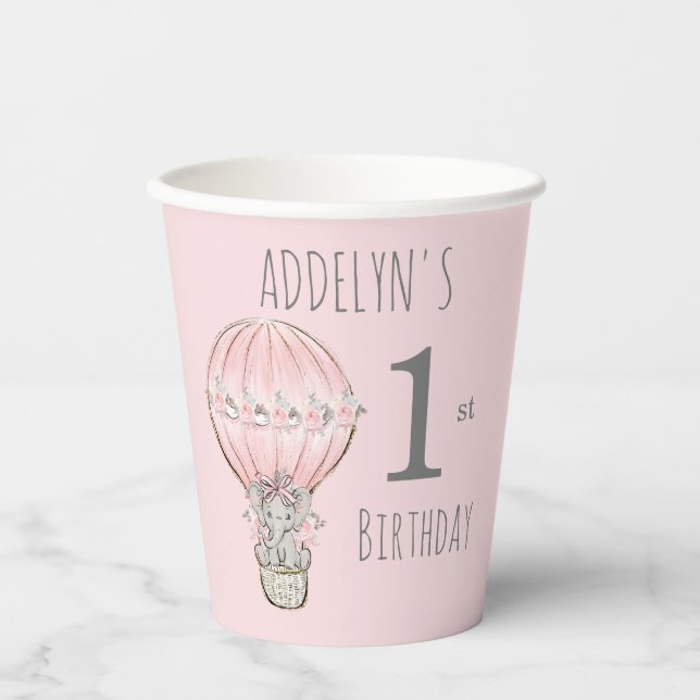 Gobelets En Papier Princess Elephant Balloon rose Grey 1er anniversai (Recto)