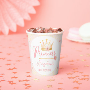 Gobelets En Papier Princesse Crown Rose Petite fille Anniversaire