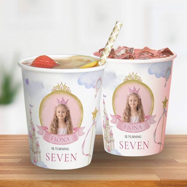 Gobelets En Papier Princesse Fairytale mignonne rose fille photo Anni (Princess Themed Custom Birthday Cups with Photo Glitter Pink & Gold )