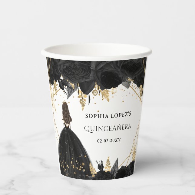 Gobelets En Papier Princesse Florale d'or noir Quinceanera (Recto)