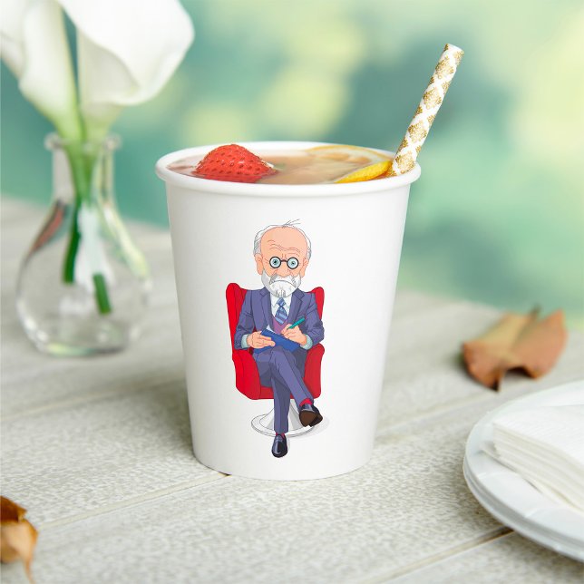 Gobelets En Papier Psychologue en costume avec Bloc-notes assis (Créateur téléchargé)