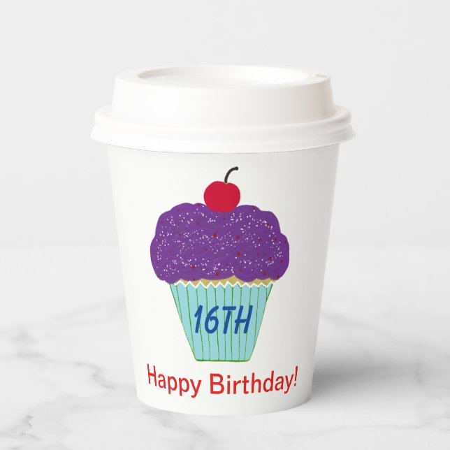 Gobelets En Papier Purple Cupcake 16e fête d'anniversaire (Recto)