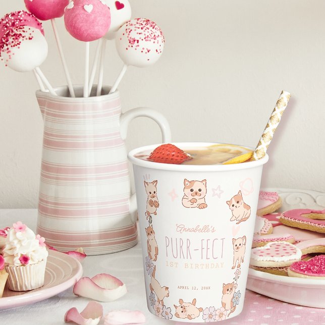 Gobelets En Papier Purr-fect Cute Cats Floral Girl 1er anniversaire (Créateur téléchargé)