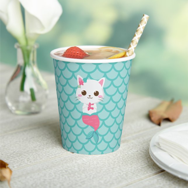 Gobelets En Papier Purrmais Mermaid Kitty fête d'anniversaire turquoi (Insitu)