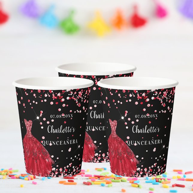 Gobelets En Papier Quinceanera robe rouge noire nom confetti (Créateur téléchargé)