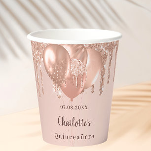 Gobelets En Papier Quinceanera rose gold glitter balloons
