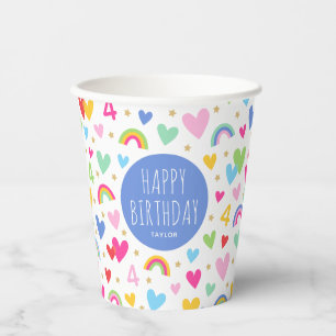 Gobelets En Papier Rainbow Hearts 4th Birthday Party Nom personnalisé