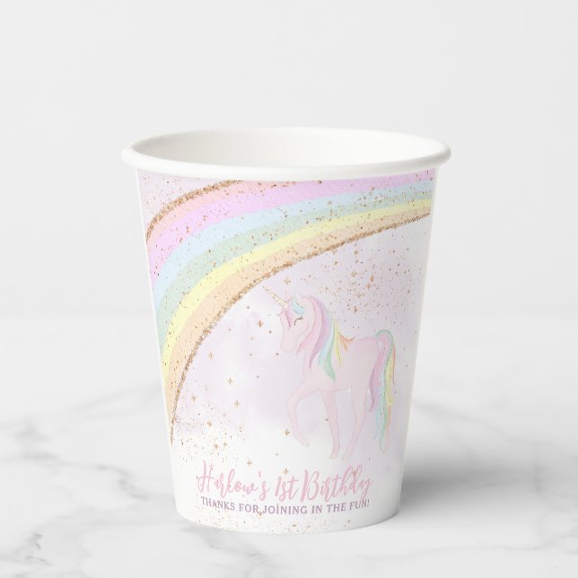 Gobelets En Papier Rainbow Unicorn 1er Anniversaire filles Pastel (Recto)