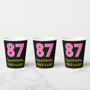 Gobelets En Papier Rayures roses amusantes “87” : Joyeux 87e annivers