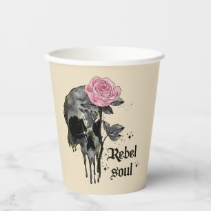 Gobelets En Papier Rebel Soul - Crâne gothique avec Rose rose