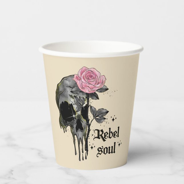 Gobelets En Papier Rebel Soul - Crâne gothique avec Rose rose (Recto)