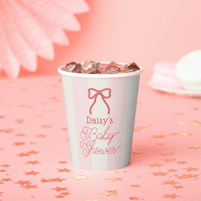 Gobelets En Papier Red Bow & Pink Stripes Baby Shower (Insitu)