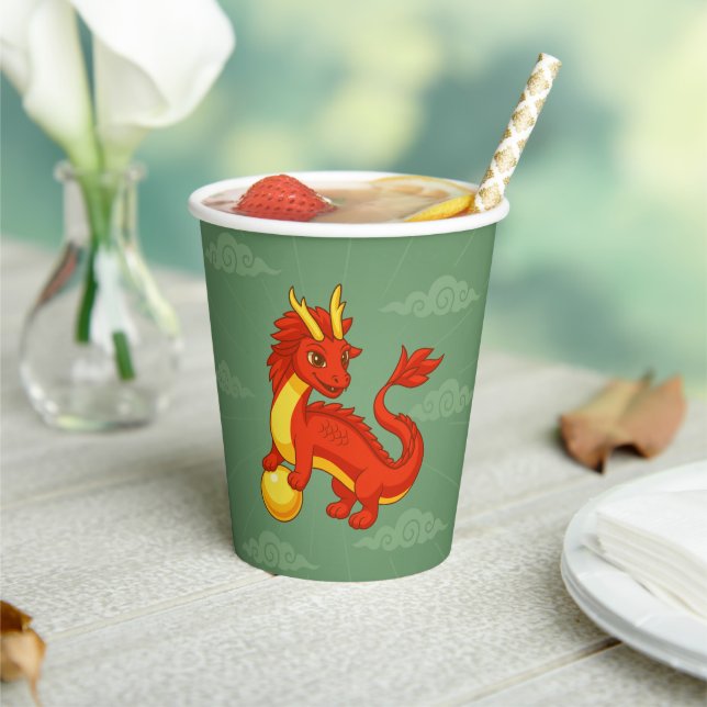 Gobelets En Papier Red Chinese Dragon on Green (Insitu)