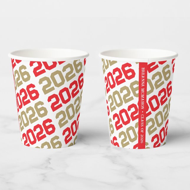 Gobelets En Papier Red & Gold en classe blanche Année d'obtention du  (Red and Bronze Gold Graduation Paper Cups)