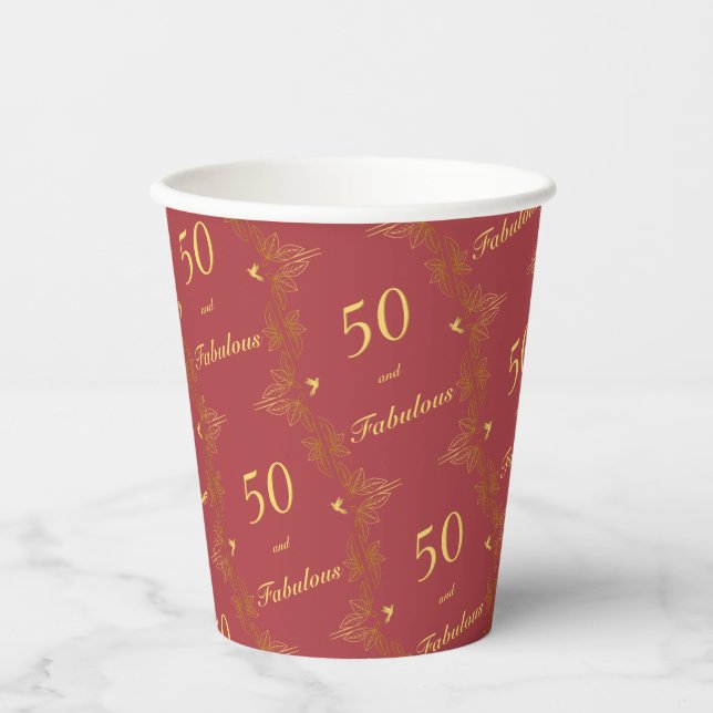 Gobelets En Papier Red Gold moderne 50 Fabuleux anniversaire (Recto)