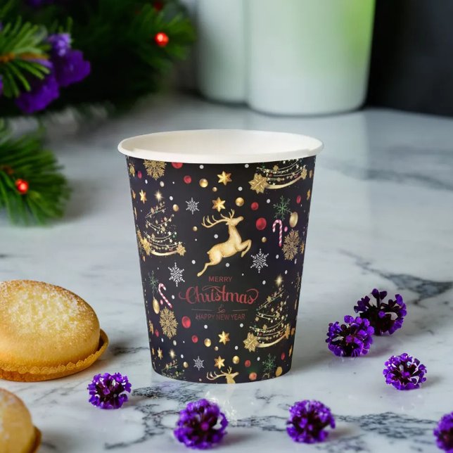 Gobelets En Papier Red Gold Reindeer Joyeux sapin de Noël (Créateur téléchargé)