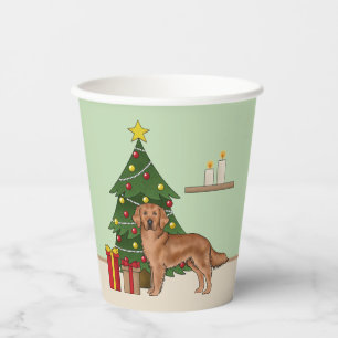 Gobelets En Papier Red Golden Retriers with Christmas Tree Green