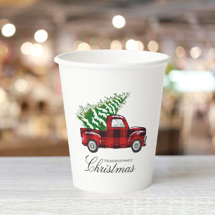 Gobelets En Papier Red Plaid Élégant Script Noël Camion Vintage