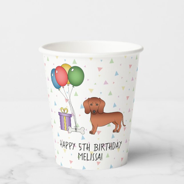Gobelets En Papier Red Smooth Coat Dachshund Chien Joyeux anniversair (Recto)