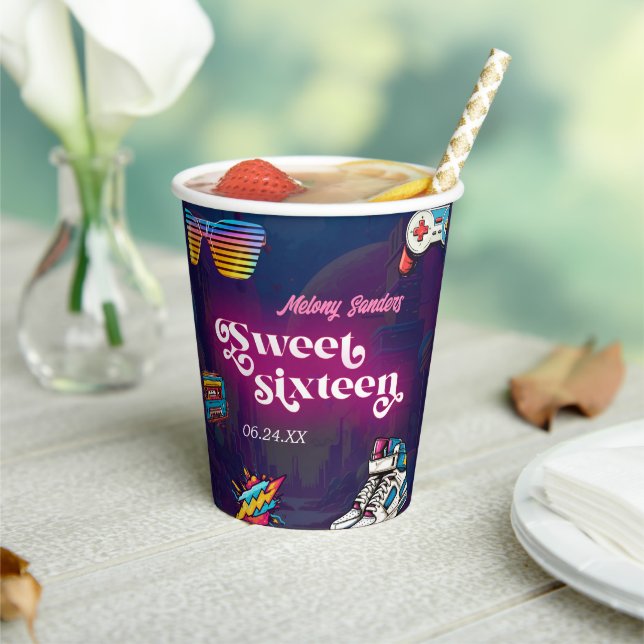 Gobelets En Papier Retro 80's Sweet 16 fête d'anniversaire (Insitu)