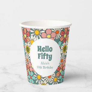 Gobelets En Papier Retro Hippie Super Fleur Bonjour Cinquante Anniver