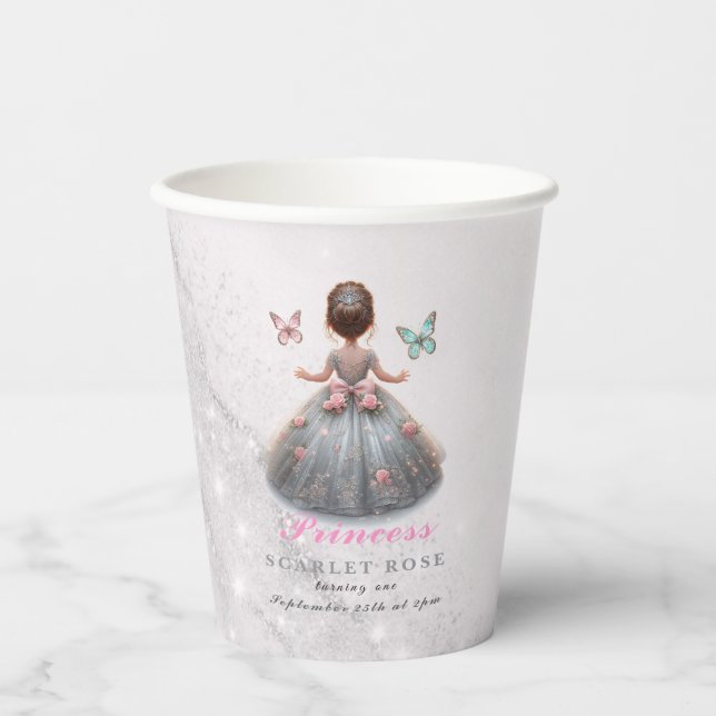 Gobelets En Papier Robe princesse en argent rose Fête d'anniversaire  (Recto)