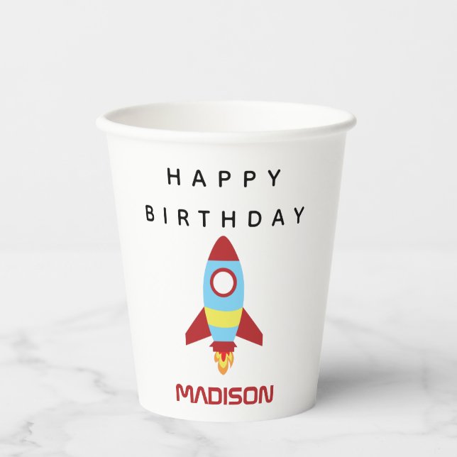Gobelets En Papier Rocket Spacship Lancement Nom personnalisé Anniver (Recto)