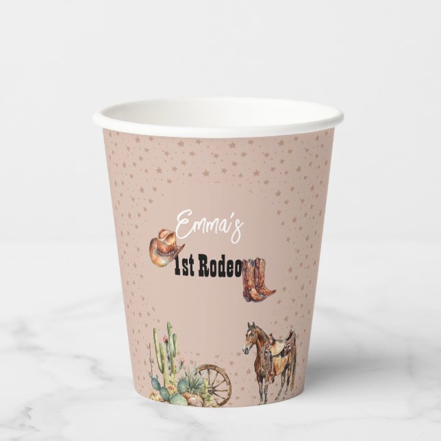 Gobelets En Papier Rodéo rose rose Western Cowgirl 1er anniversaire (Recto)