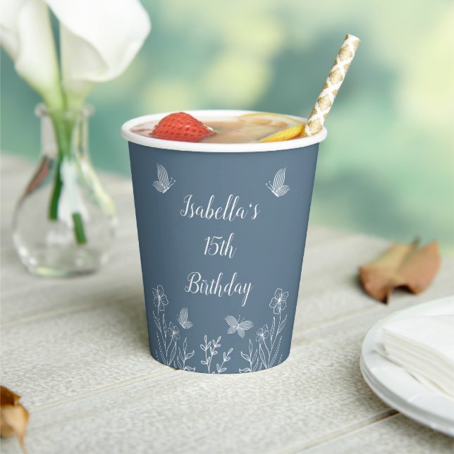 Gobelets En Papier Romantique élégant floral bleu poussiéreux  (Insitu)