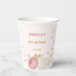 Gobelets En Papier Romantique rose fleurs blanches or botanique