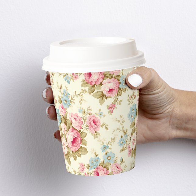 Gobelets En Papier Romantique rose Rose anglais sur jaune pâle (Créateur téléchargé)