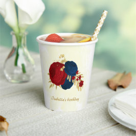 Gobelets En Papier Romantique rouge foncé & bleu marine fleurs or