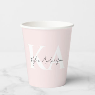 Gobelets En Papier Rose Blush moderne Nom du monogramme personnalisé