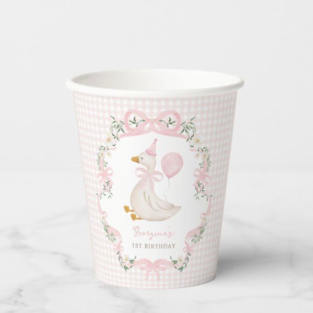 Gobelets En Papier Rose Bow Silly Goose Girl 1er anniversaire (Recto)