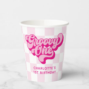 Gobelets En Papier Rose Chaude Rétro Groovy à carreaux