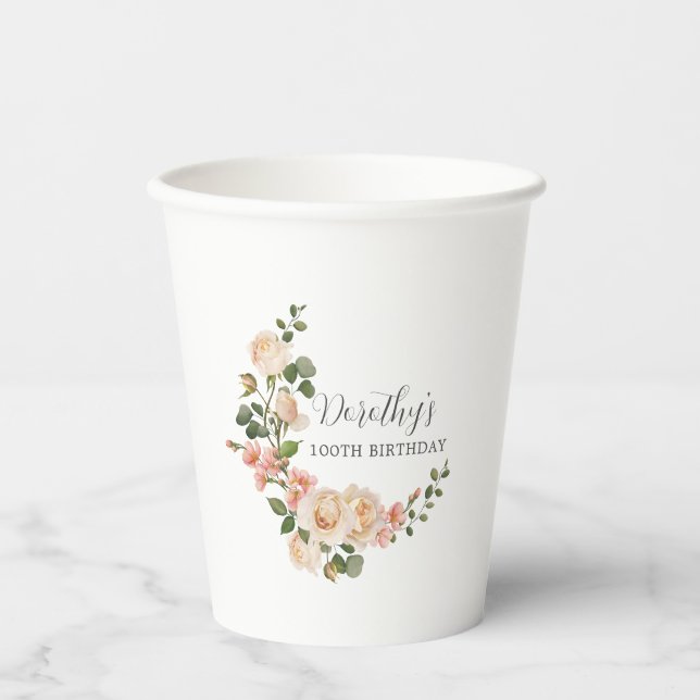 Gobelets En Papier Rose d'ivoire blanc rustique 100e anniversaire (Recto)