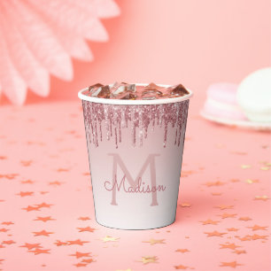 Gobelets En Papier Rose Gold Blush Pink Glitter et Monogramme scintil