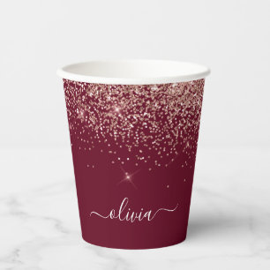 Gobelets En Papier Rose Gold Bourgogne Paillettes Étincelle Monogramm