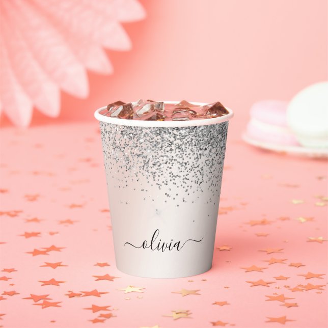 Gobelets En Papier Rose Gold - Rose Pâle Paillettes Argent Monogramme (Insitu)