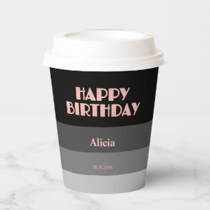 Gobelets En Papier Rose Gold Script Gris noir rayures Anniversaire