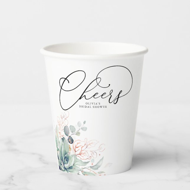 Gobelets En Papier Rose Gold Succulente Feuillage Élégant Moderne (Recto)