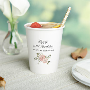 Gobelets En Papier Rose rose Dusty Floral 100e anniversaire