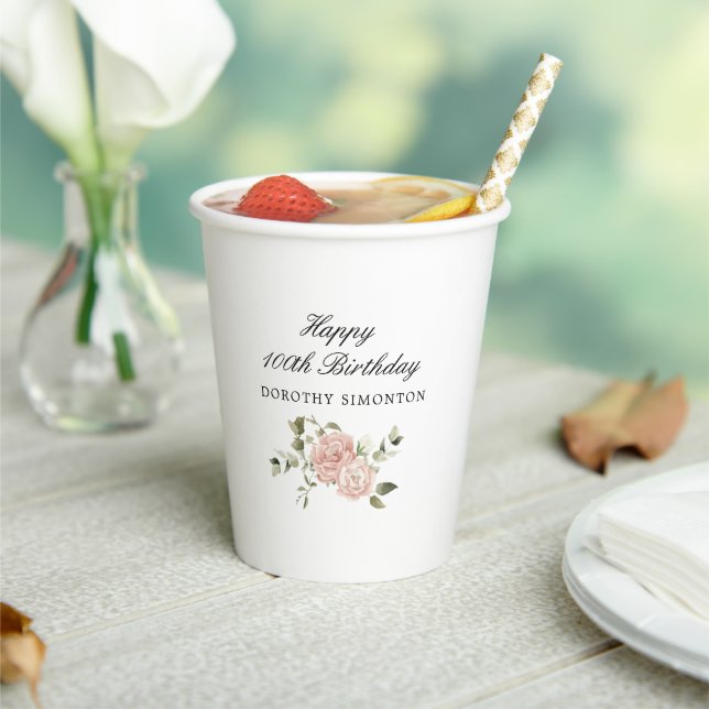 Gobelets En Papier Rose rose Dusty Floral 100e anniversaire (Insitu)