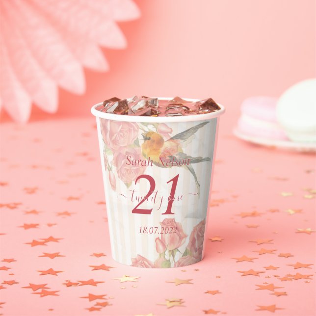 Gobelets En Papier Rose rose, Oiseau 21e Coupe d'anniversaire (Insitu)