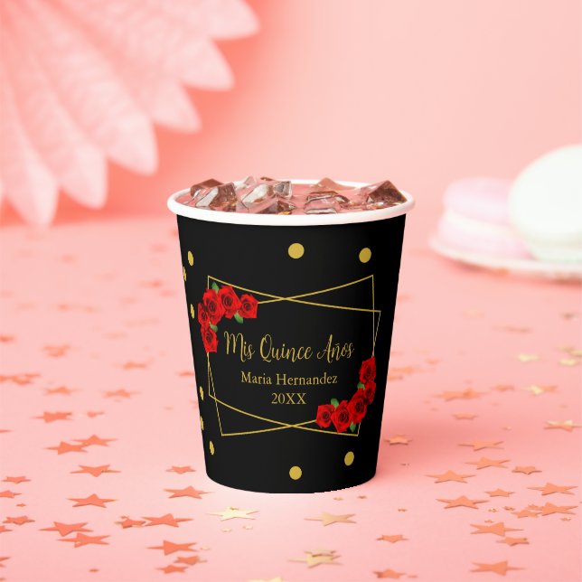 Gobelets En Papier Rose rouge Noir et or Quinceañera (Insitu)