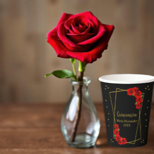 Gobelets En Papier Rose rouge Quinceañera noir et or