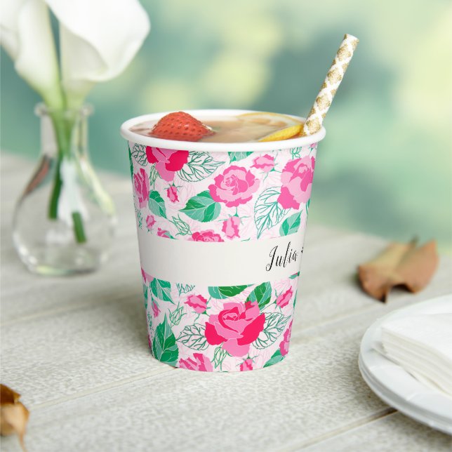 Gobelets En Papier Rose Vert Rose Pétales Fleurs Jardin Mariage (Insitu)