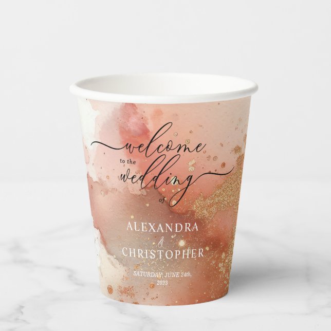 Gobelets En Papier RoseGold Mariage d'aquarelle Earthtone Glitz (Recto)