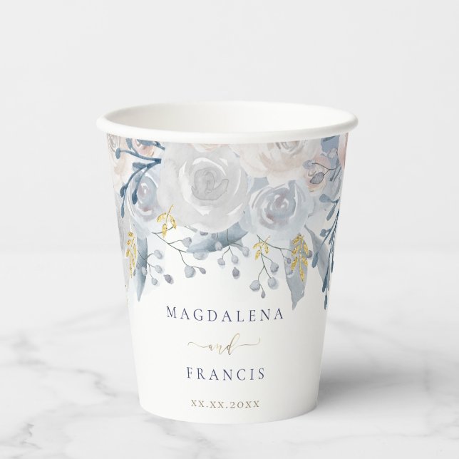 Gobelets En Papier roses mariage bleu pâle (Recto)