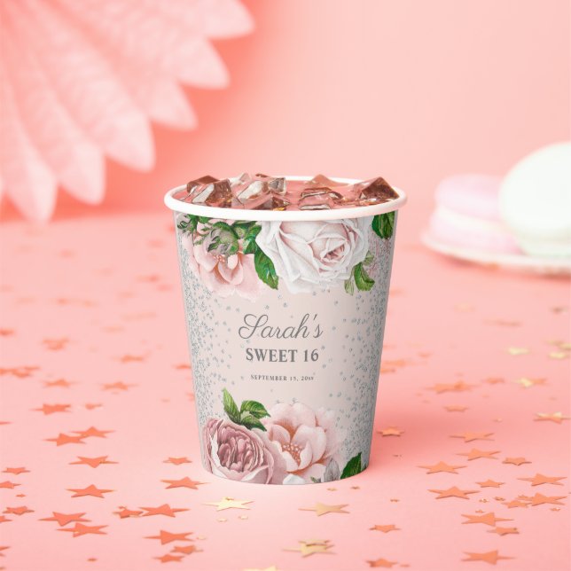 Gobelets En Papier Roses rose pâle Floral Silver Parties scintillant  (Insitu)